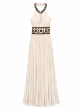 Sherri Hill 11251 Cream Halter Evening Gown with Embellished Waist